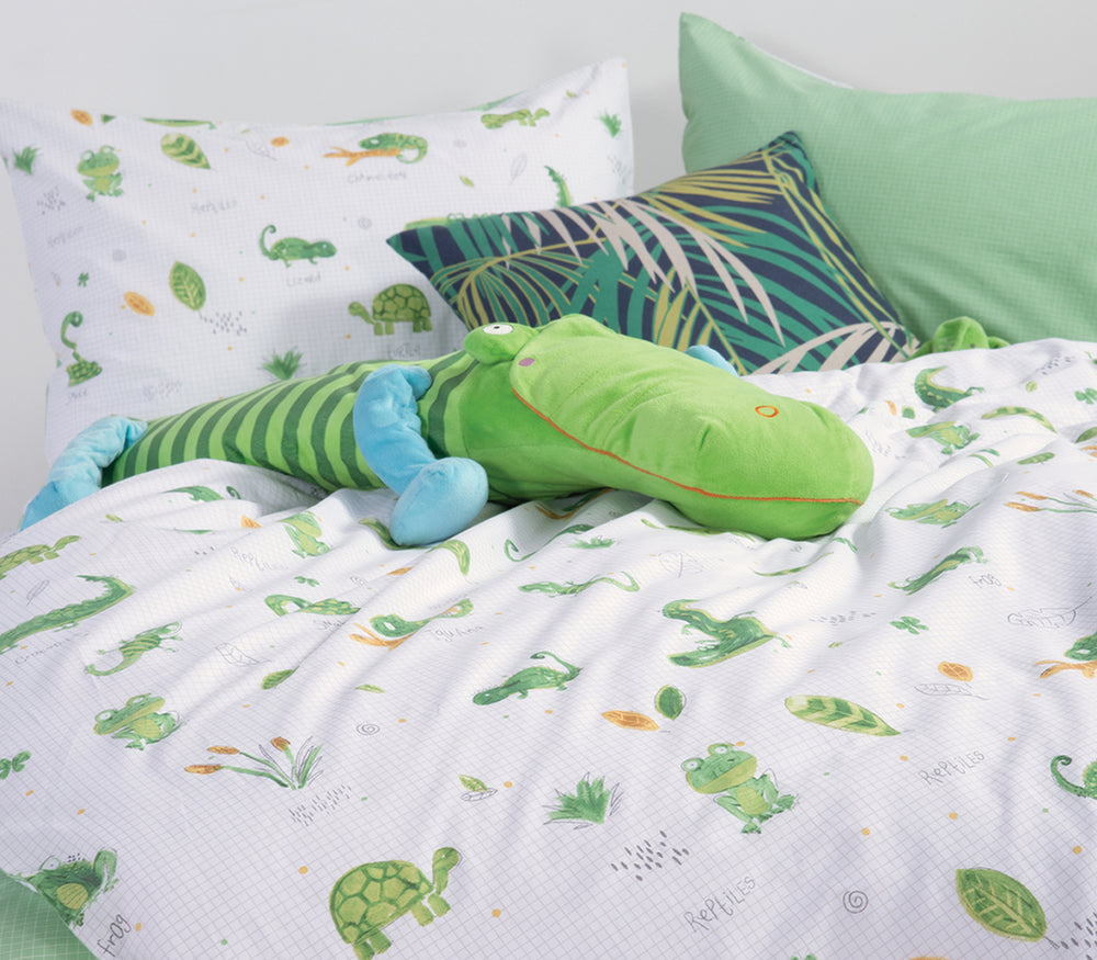 Παιδικά Σετ Σεντόνια Μονά Λευκό-Πράσινο Cute Reptiles 170X260 Nef-Nef Homeware