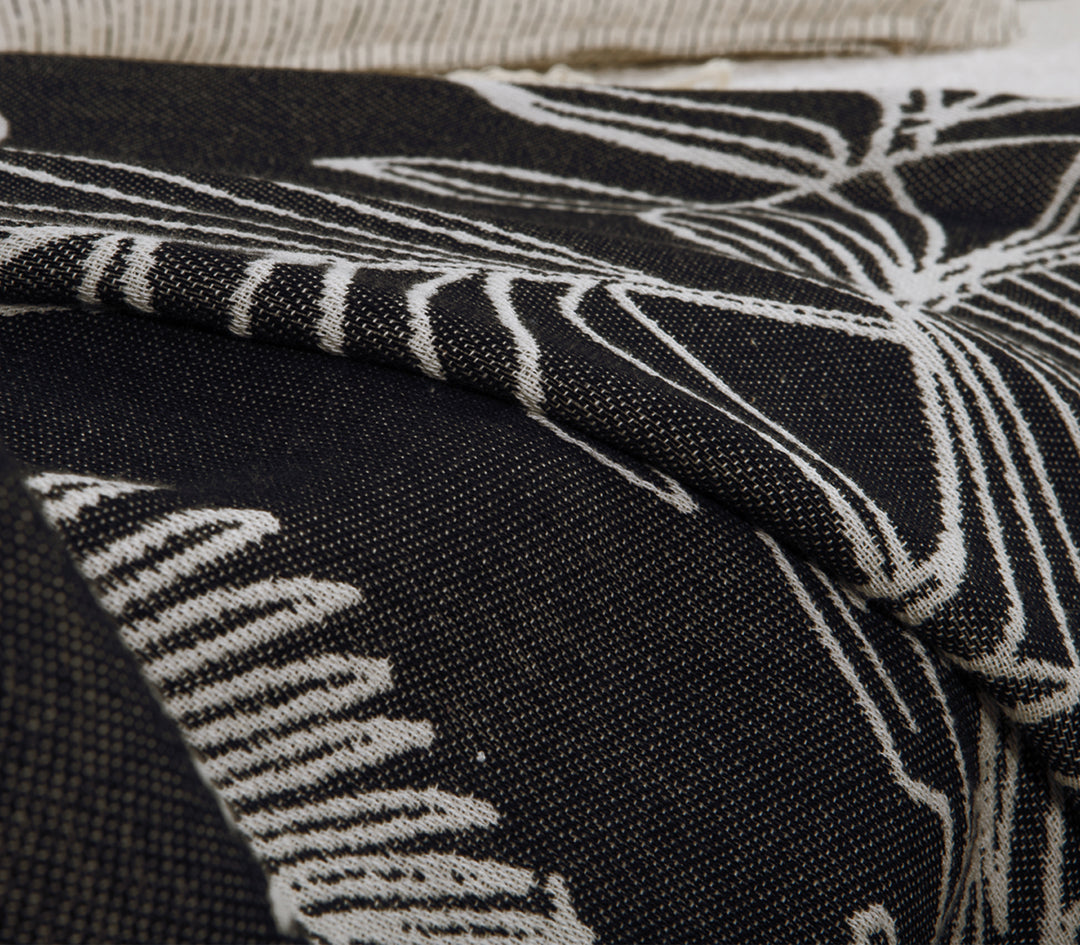 Κοντινή λήψη υφάσματος ριχταριού σε μαύρη βάση με εκρού τροπικό μοτίβο.