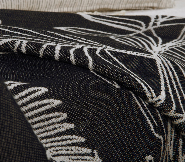 Κοντινή λήψη υφάσματος ριχταριού σε μαύρη βάση με εκρού τροπικό μοτίβο.