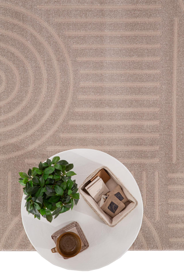 Χαλί Organic Royal Carpet σε μπεζ απόχρωση με καμπυλωτές και γραμμικές λεπτομέρειες, διακοσμημένο με λευκό τραπεζάκι και φυτό.