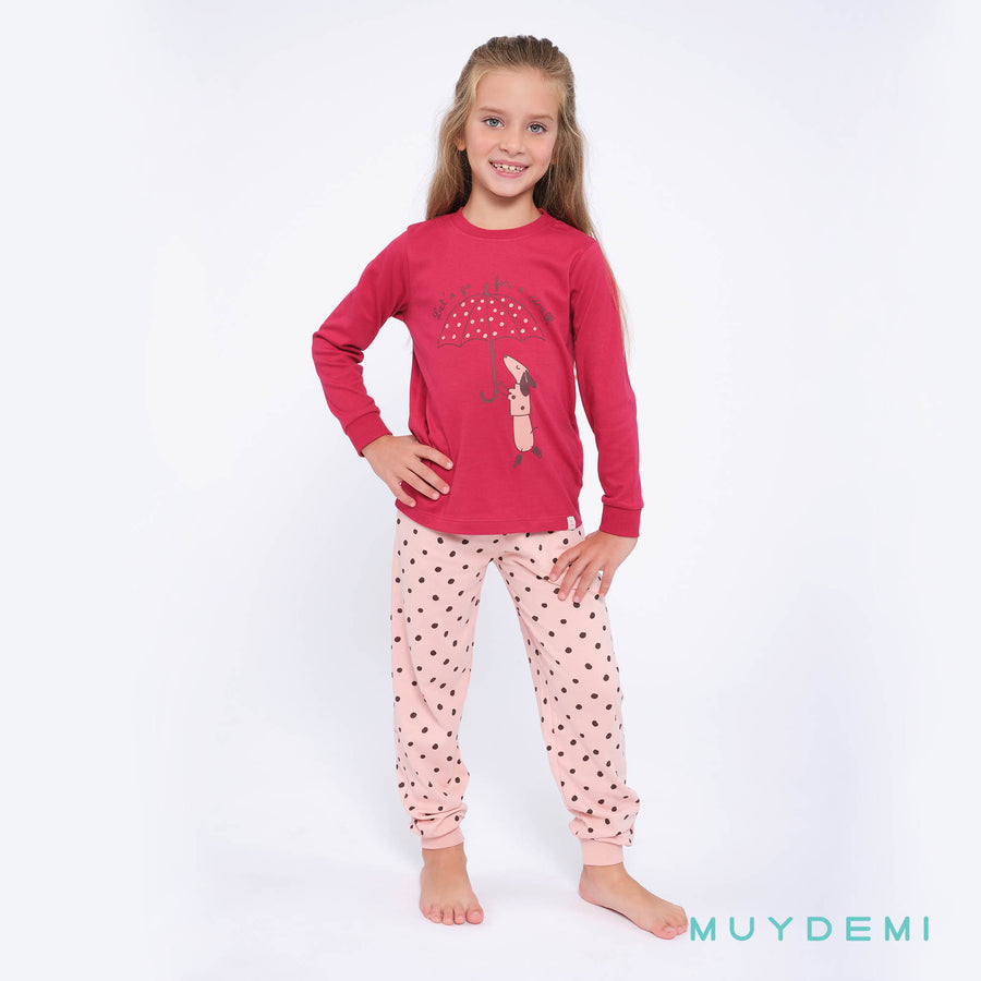 Παιδική Πιτζάμα Βαμβακερή Για Κορίτσι Κόκκινη Με Σκυλάκι Muy Demi