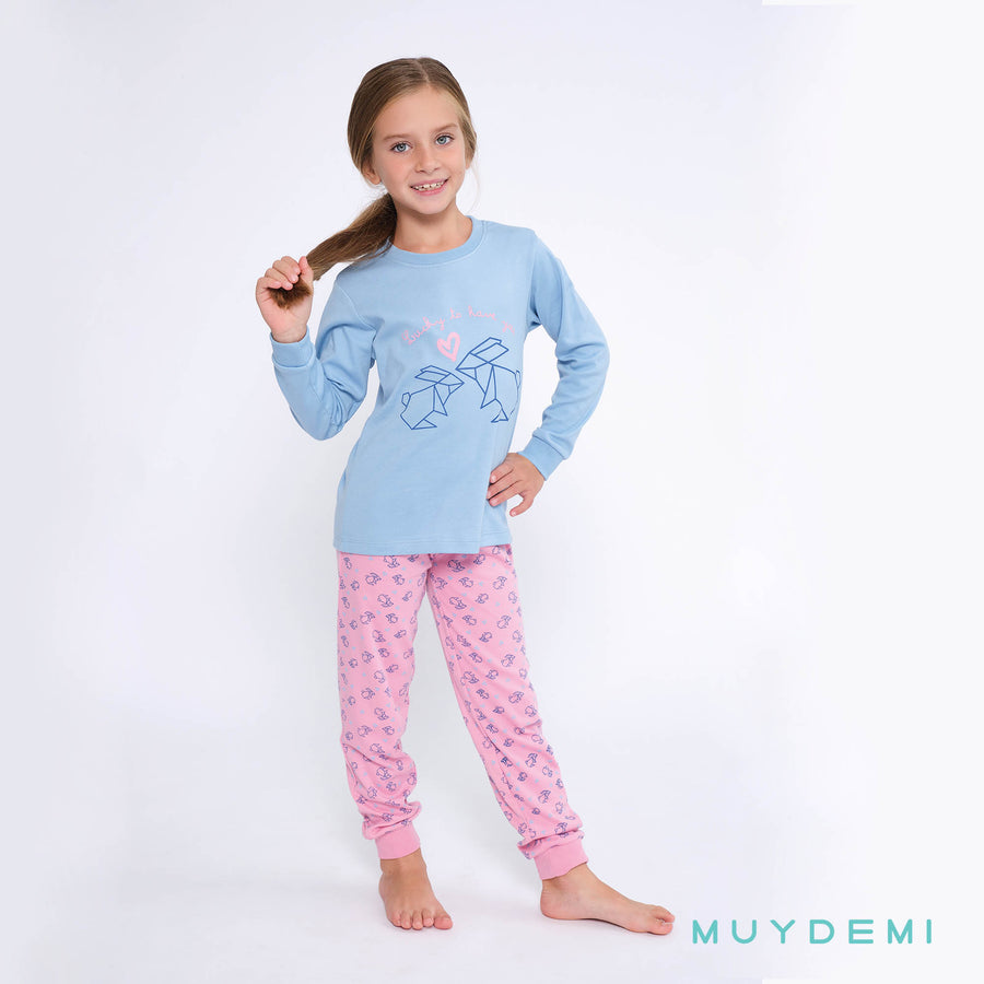 Παιδική Πιτζάμα Βαμβακερή Ροζ-Γαλάζιο Για Κορίτσι Με Λαγουδάκια Muy Demi