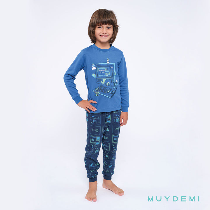 Παιδική Πιτζάμα Βαμβακερή Μπλε Για Αγόρι Με Υπολογιστή Και Δεινόσαυρους Muy Demi