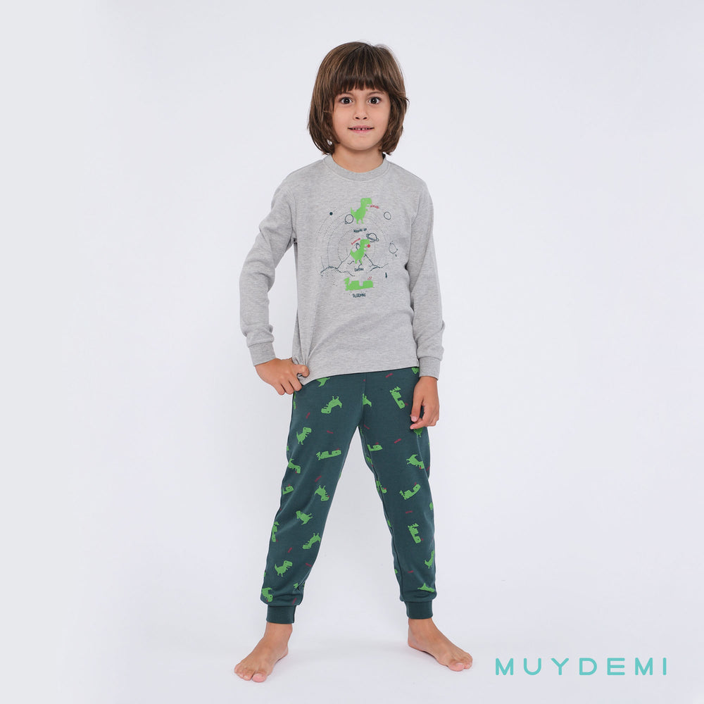 Παιδική Πιτζάμα Βαμβακερή Πράσινο-Γκρι Για Αγόρι Με Δεινόσαυρους Muy Demi