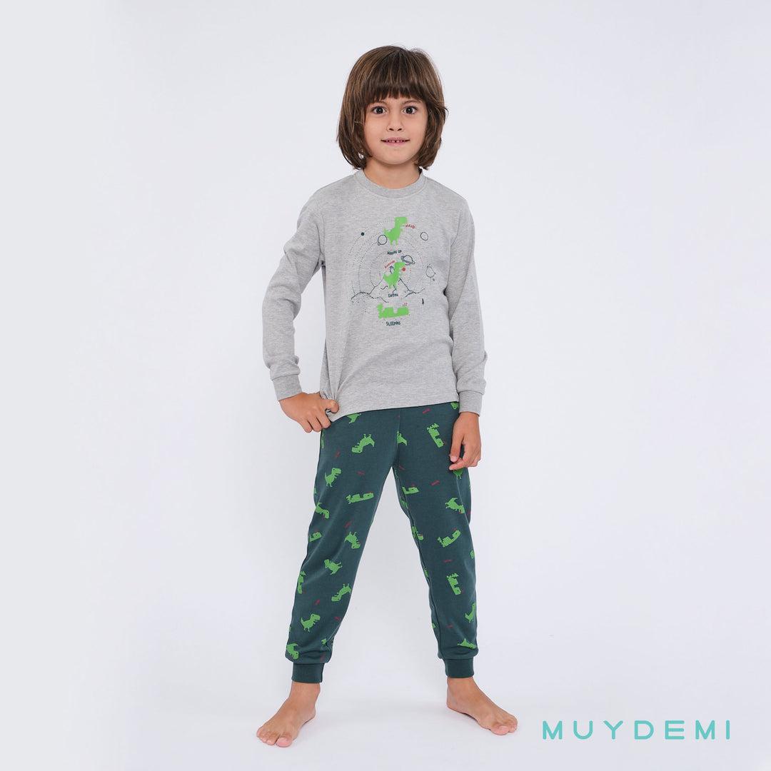 Παιδική Πιτζάμα Βαμβακερή Πράσινο-Γκρι Για Αγόρι Με Δεινόσαυρους Muy Demi
