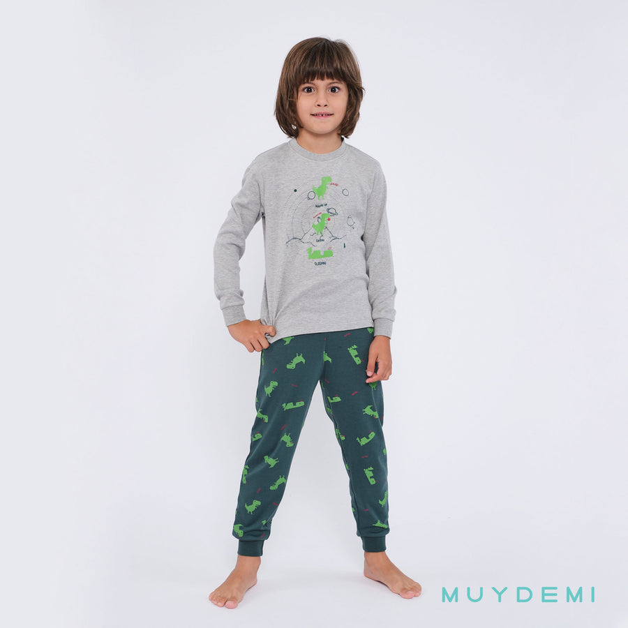 Παιδική Πιτζάμα Βαμβακερή Πράσινο-Γκρι Για Αγόρι Με Δεινόσαυρους Muy Demi