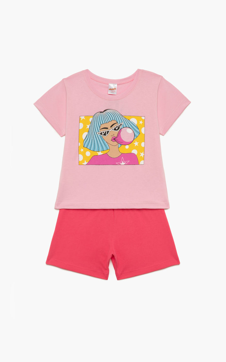 Παιδική Πιτζάμα Βαμβακερή Ροζ Για Κορίτσι Με Φιγούρα Κοπέλας Minerva