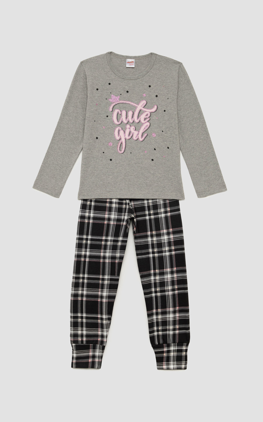 Παιδική Πιτζάμα για Κορίτσι Γκρι με Καρό Παντελόνι Βαμβακερή Minerva Cosy Club