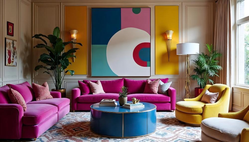 Εικόνα σαλονιού με ταιριαστούς συνδυασμούς χρωμάτων σε υφάσματα και διακόσμηση