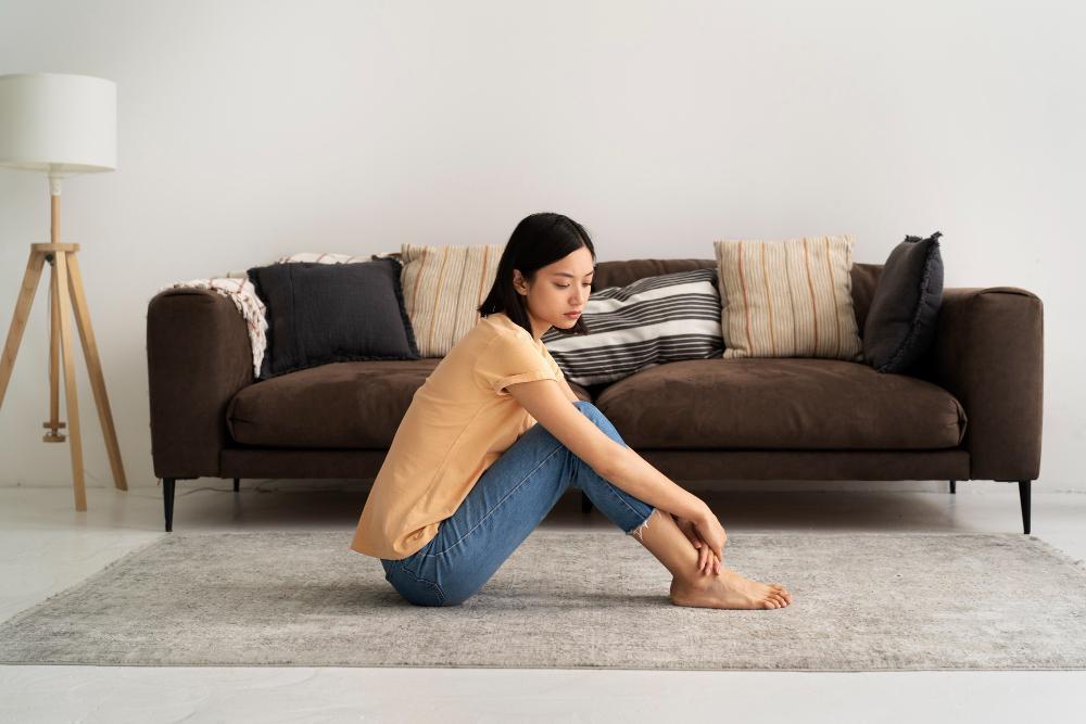 Γυναίκα κοιτάζει ξεθωριασμένο χαλί στο σπίτι