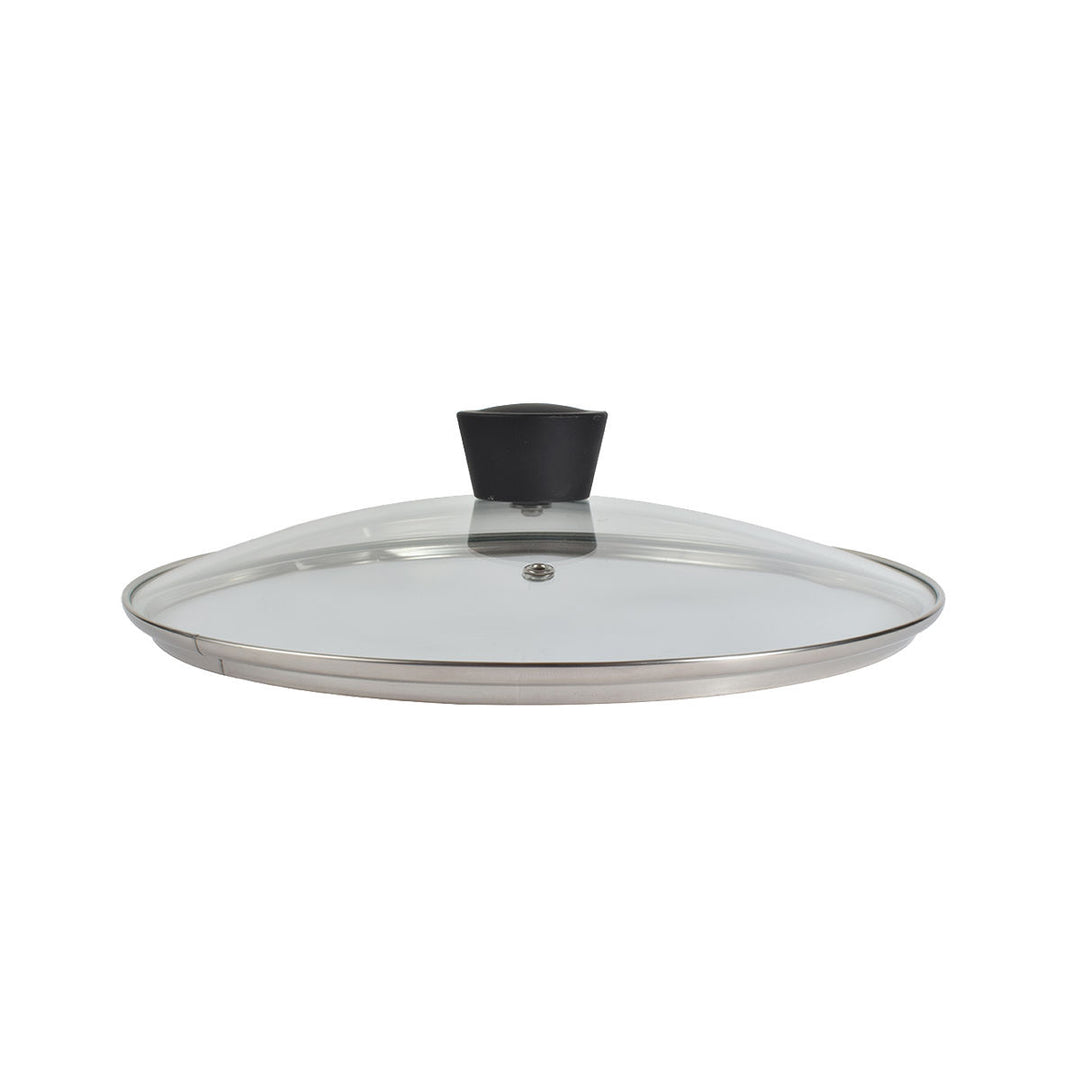 Γυάλινο καπάκι σε πλάγια όψη με μαύρο πόμολο και μεταλλικό περίγραμμα, τοποθετημένο μόνο του σε λευκό φόντο.