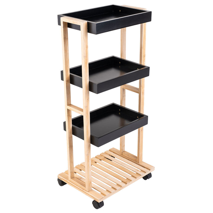 Τρόλεϊ αποθήκευσης Estia Bamboo Essentials με ξύλινο σκελετό και μαύρα ράφια σε λευκό φόντο με ροδάκια.