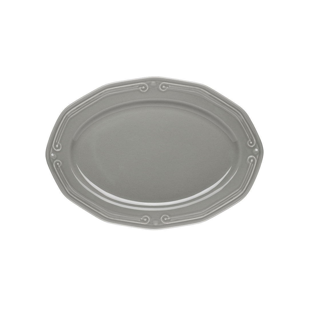 Γκρι πιατέλα Athenee σε οβάλ σχήμα, προβολή από πάνω που αναδεικνύει το ανάγλυφο σχέδιο στο τελείωμα