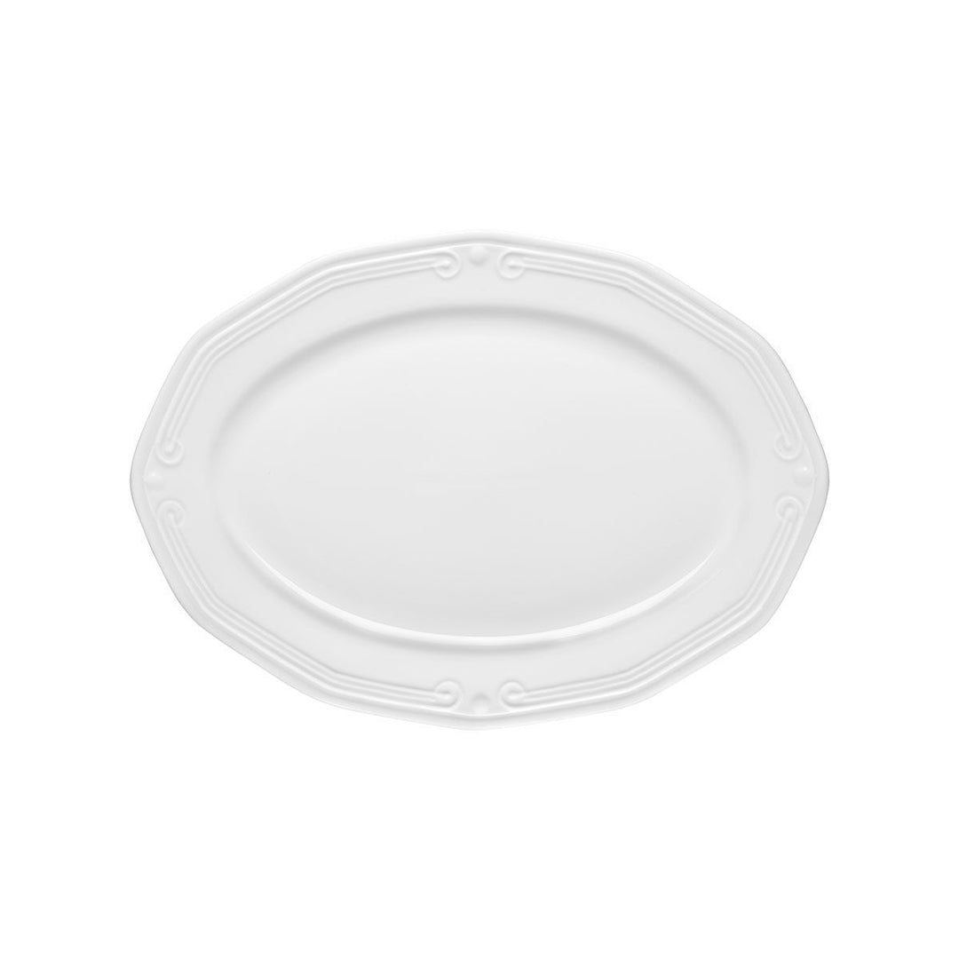 Οβάλ πιατέλα σε λευκό χρώμα με κλασικό ανάγλυφο περίγραμμα, προβολή από επάνω.