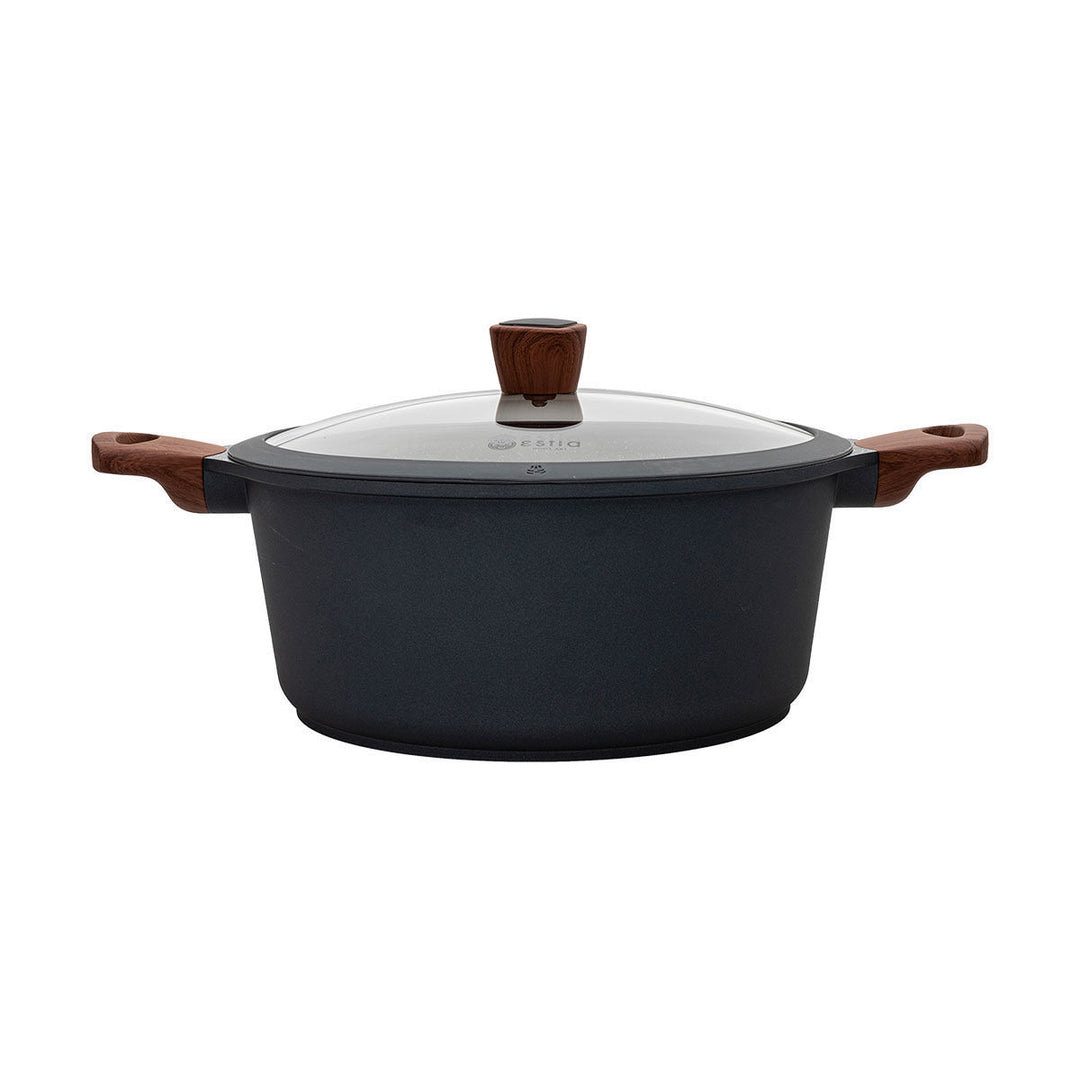 Κομψή γκρι κατσαρόλα με γυάλινο καπάκι και σταθερές λαβές, παρουσιασμένη σε μίνιμαλ λευκό φόντο.