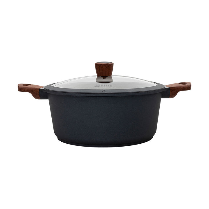 Κομψή γκρι κατσαρόλα με γυάλινο καπάκι και σταθερές λαβές, παρουσιασμένη σε μίνιμαλ λευκό φόντο.