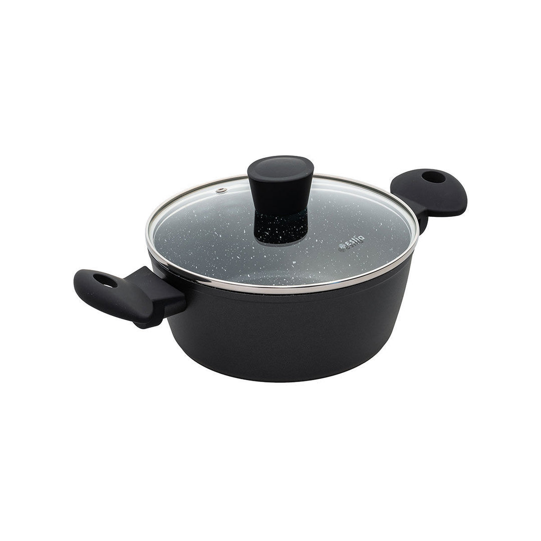 Κατσαρόλα με καπάκι σε μπροστινή όψη, στρογγυλό σχήμα και συμμετρικές λαβές, τοποθετημένη κεντραρισμένα σε λευκό φόντο.