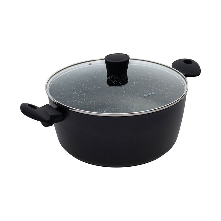 Κατσαρόλα με καπάκι σε μπροστινή όψη, στρογγυλό σχήμα και συμμετρικές λαβές, τοποθετημένη κεντραρισμένα σε λευκό φόντο.