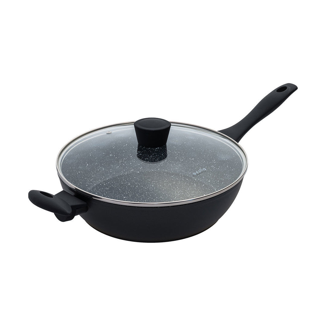 Αντικολλητικό τηγάνι με γυάλινο καπάκι, εμπρόσθια όψη, μαύρο χρώμα, εργονομική λαβή και πλαϊνή χειρολαβή.