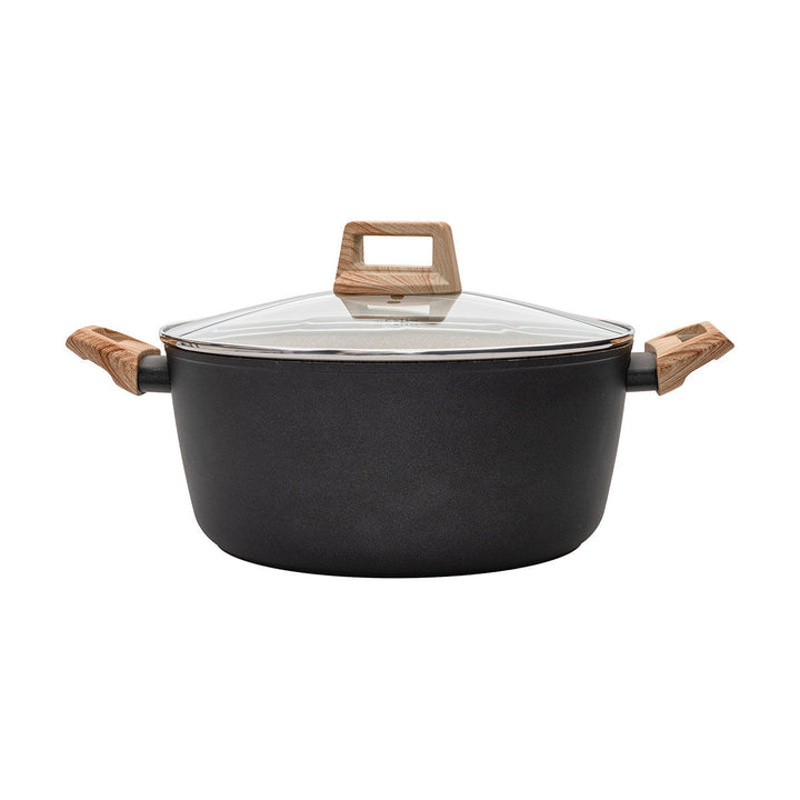 Κατσαρόλα Earth με αντικολλητική stone επίστρωση και ξύλινες λαβές, σε λευκό φόντο, ιδανική για καθημερινό μαγείρεμα με ζεστή και μοντέρνα αισθηση.