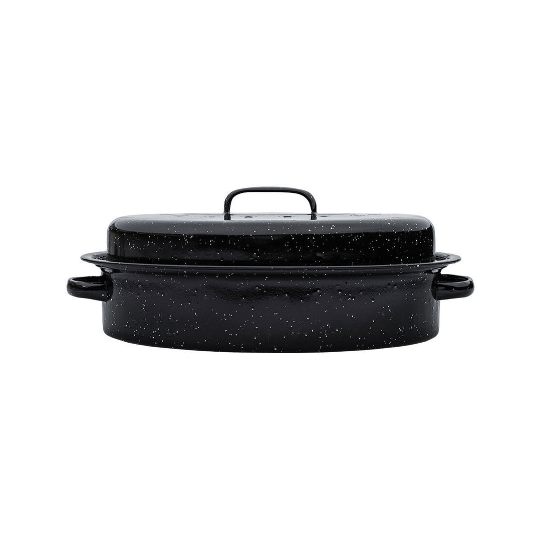 Οβάλ γάστρα Enamel Estia με πλαϊνές λαβές και κλειστό καπάκι σε μαύρη απόχρωση.