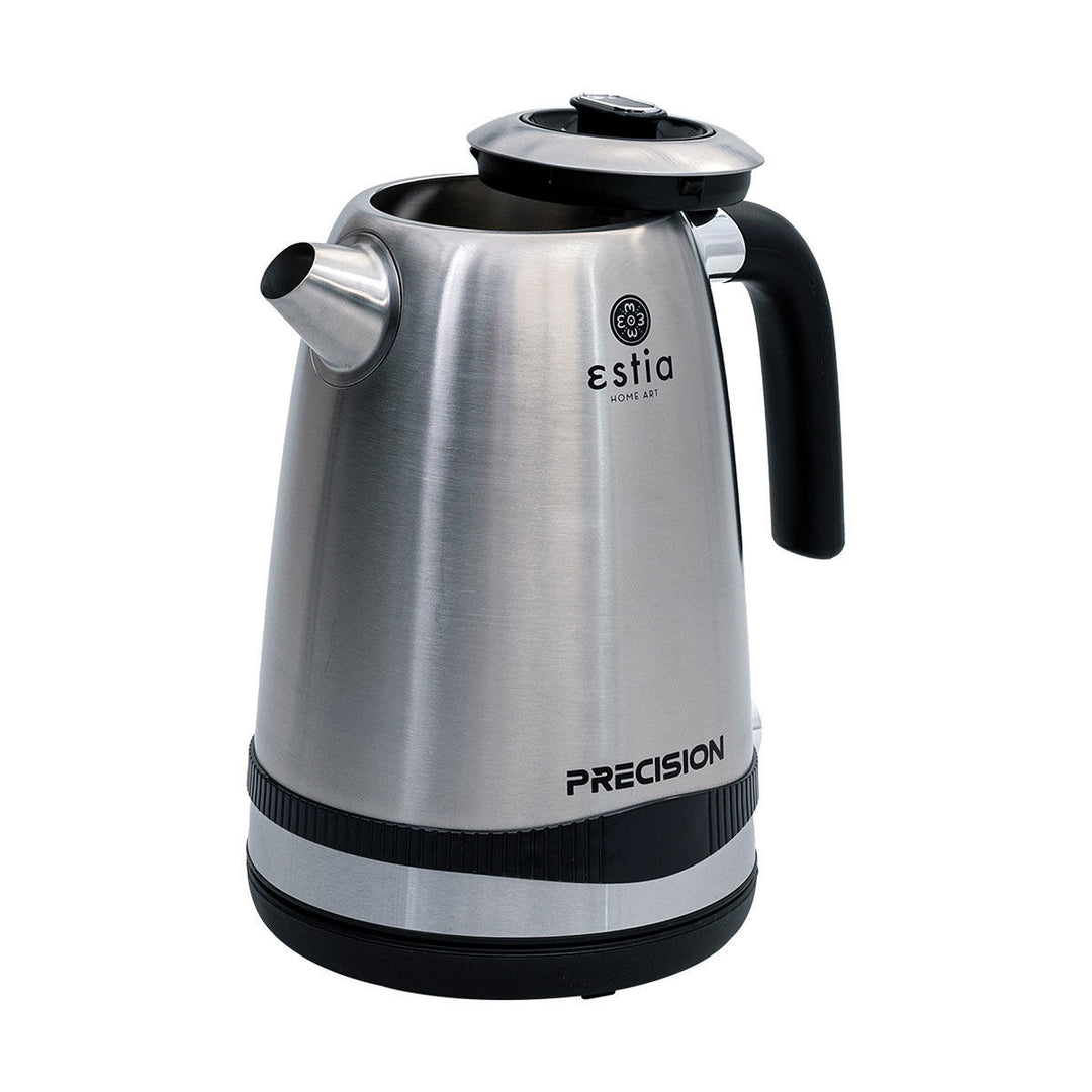 Inox βραστήρας Estia Precision με ανοιχτό καπάκι, που αναδεικνύει το εσωτερικό και το στόμιο πλήρωσης νερού.