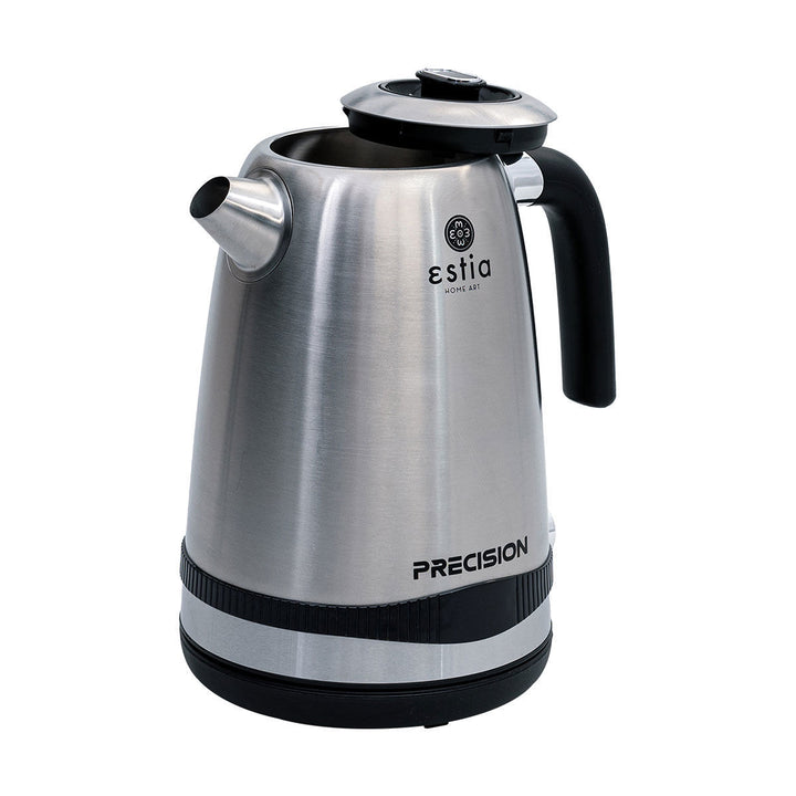 Inox βραστήρας Estia Precision με ανοιχτό καπάκι, που αναδεικνύει το εσωτερικό και το στόμιο πλήρωσης νερού.