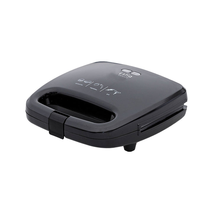 Τοστιέρα Estia Basics Black Plus σε μαύρο χρώμα, κλειστή και τοποθετημένη υπό γωνία, αναδεικνύοντας το συμπαγές της σχήμα.