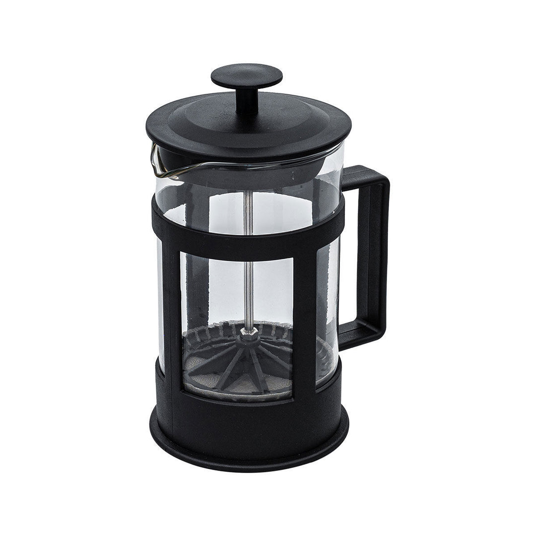 Πλάγια όψη καφετιέρας 600ml, με μαύρο περίβλημα, γυάλινο σώμα και εμφανές φίλτρο πίεσης, σε λευκό φόντο.