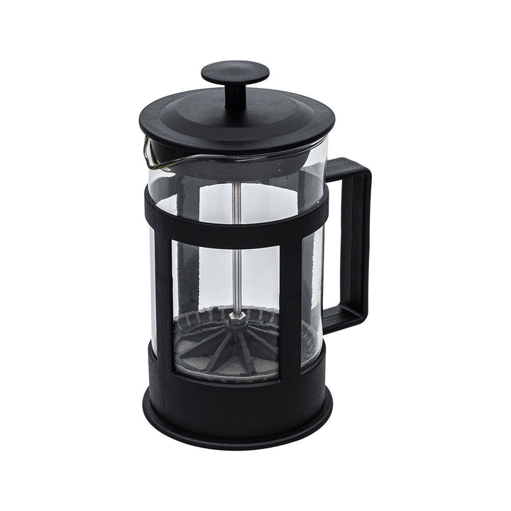 Πλάγια όψη καφετιέρας 600ml, με μαύρο περίβλημα, γυάλινο σώμα και εμφανές φίλτρο πίεσης, σε λευκό φόντο.