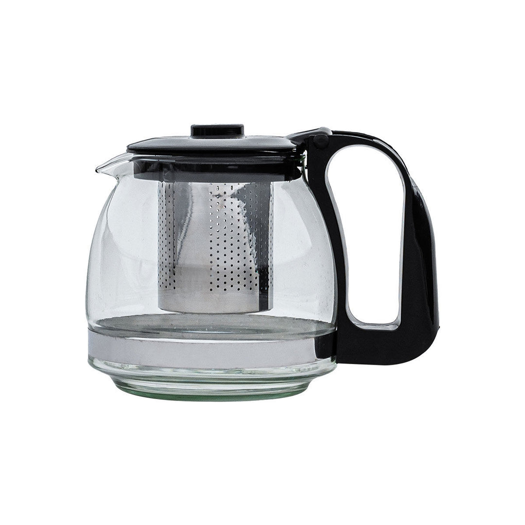 Γυάλινη τσαγιέρα 700ml Estia με μαύρο καπάκι και ανοξείδωτο φίλτρο σε λευκό φόντο.