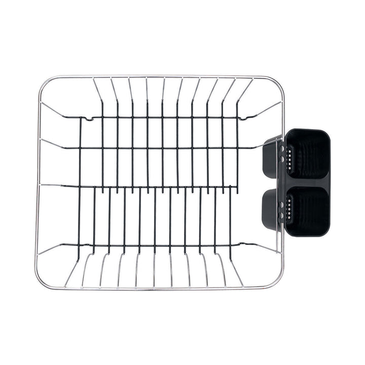 Άποψη από πάνω μεταλλικού καλαθιού νεροχύτη με διπλή μαύρη θήκη για μαχαιροπίρουνα, σε λευκό φόντο.