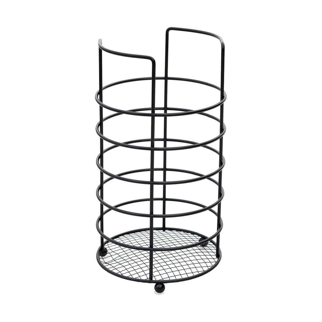 Κουταλοθήκη Estia σε μαύρο μεταλλικό σχέδιο με κυλινδρική δομή και βάση από πλέγμα, σε λευκό φόντο.