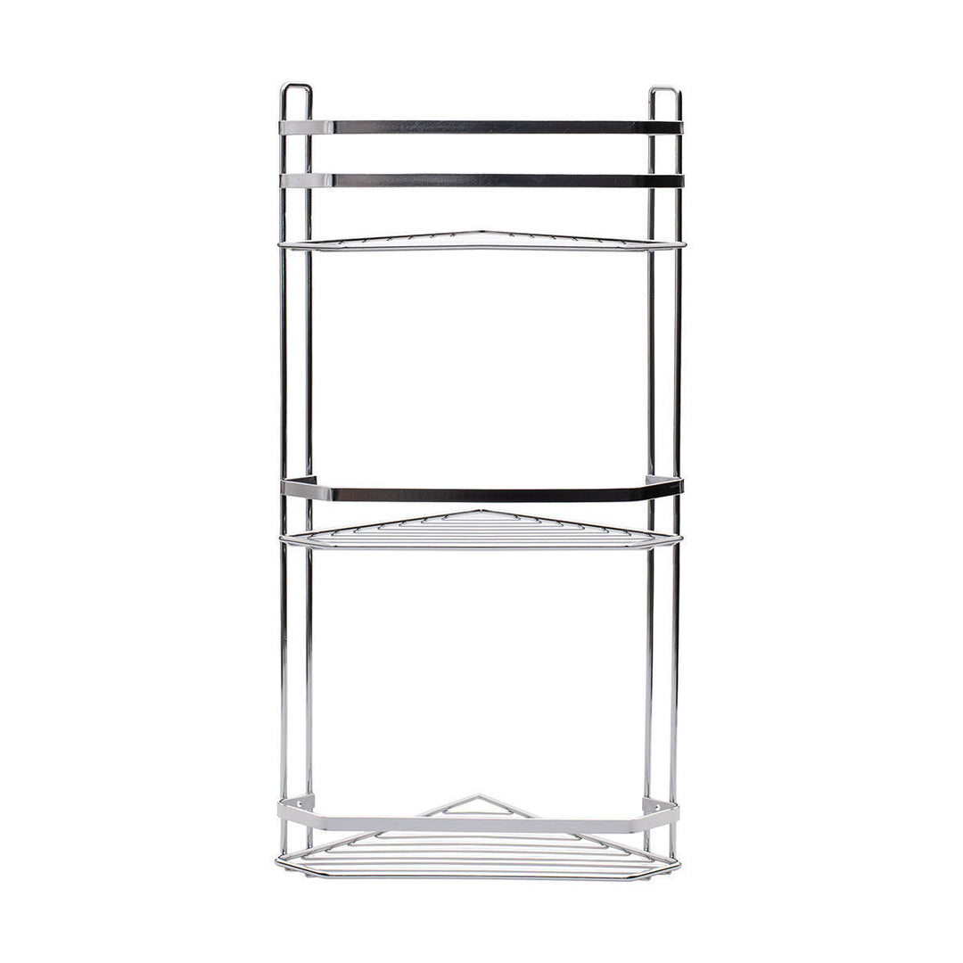 Ασημί μεταλλική γωνιακή ραφιέρα μπάνιου με τρία επίπεδα, λιτό σχεδιασμό, κάθετες βάσεις και λευκό φόντο προϊόντος.