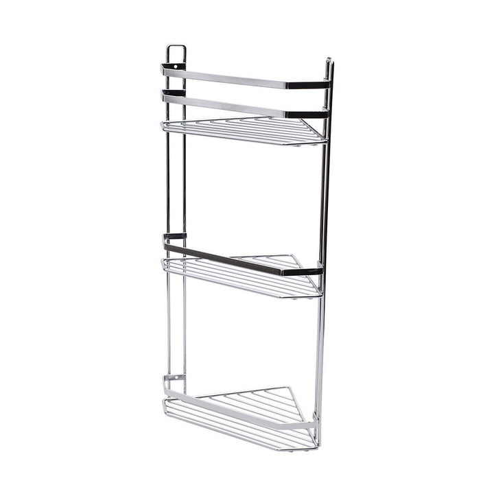 Ασημί μεταλλική γωνιακή ραφιέρα μπάνιου σε πλάγια όψη, τρία συρμάτινα ράφια, λεπτές γραμμές και καθαρό λευκό φόντο.