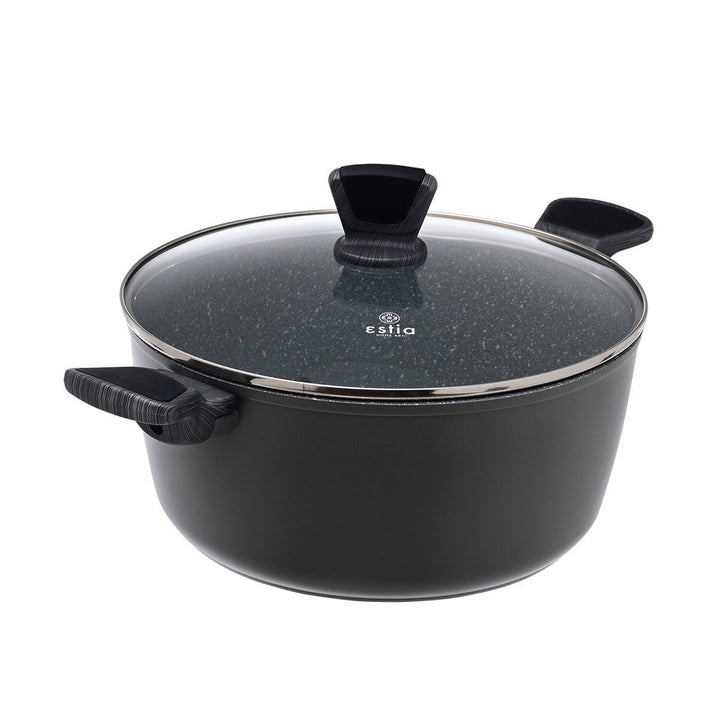 Μαύρη κατσαρόλα Estia με γυάλινο καπάκι και ανάγλυφες λαβές, σε φωτεινή παρουσίαση πάνω σε λευκό φόντο.