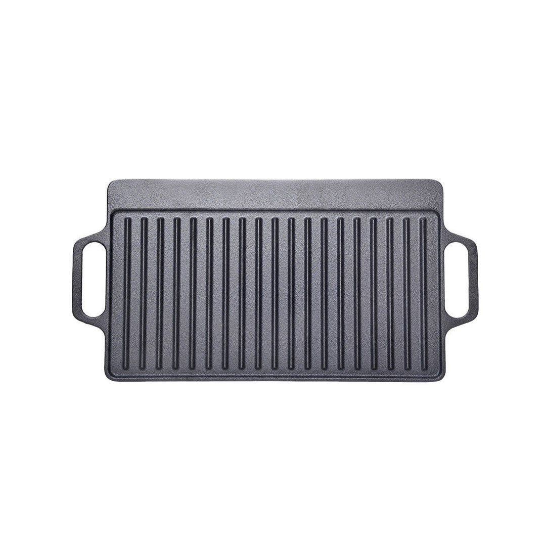 Πάνω όψη ορθογώνιας μαντεμένιας γκριλιέρας με βαθιές ραβδώσεις και αμφίπλευρα χερούλια, σε ουδέτερο φόντο για καθαρή παρουσίαση.