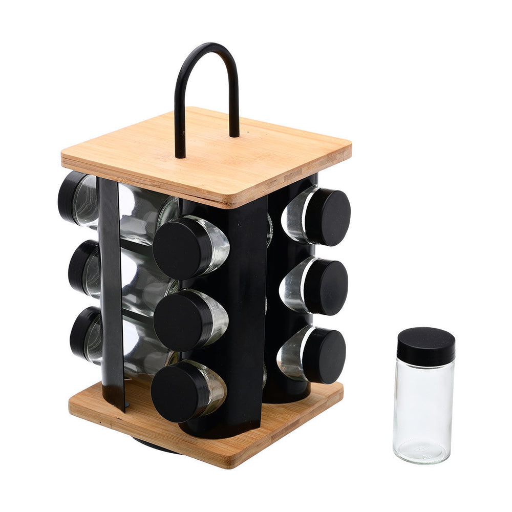 Βάση Μπαχαρικών Περιστρεφόμενη Με 12 Γυάλινα Δοχεία Μάυρη Bamboo Essentials Estia