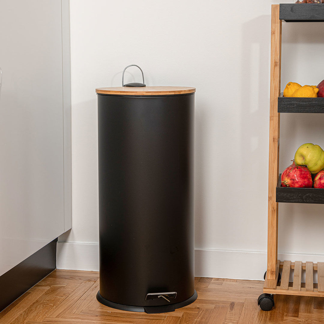 Κάδος Απορριμάτων Κουζίνας Μαύρος Μεταλλικός Με Bamboo Καπάκι 30lt Estia