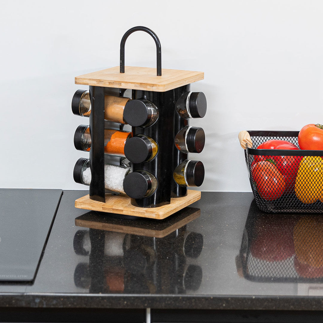 Βάση Μπαχαρικών Περιστρεφόμενη Με 12 Γυάλινα Δοχεία Μάυρη Bamboo Essentials Estia