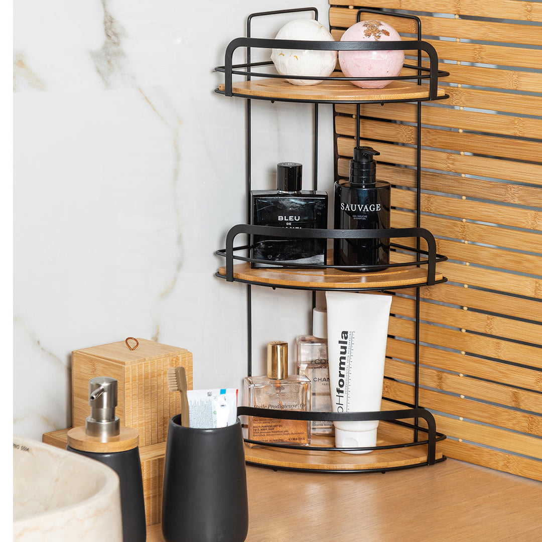 Ραφιέρα Μπάνιου Γωνιακή 3 Θέσεων Μεταλλική Μαύρη 49x19.5x19.5cm Bamboo Essentials Estia