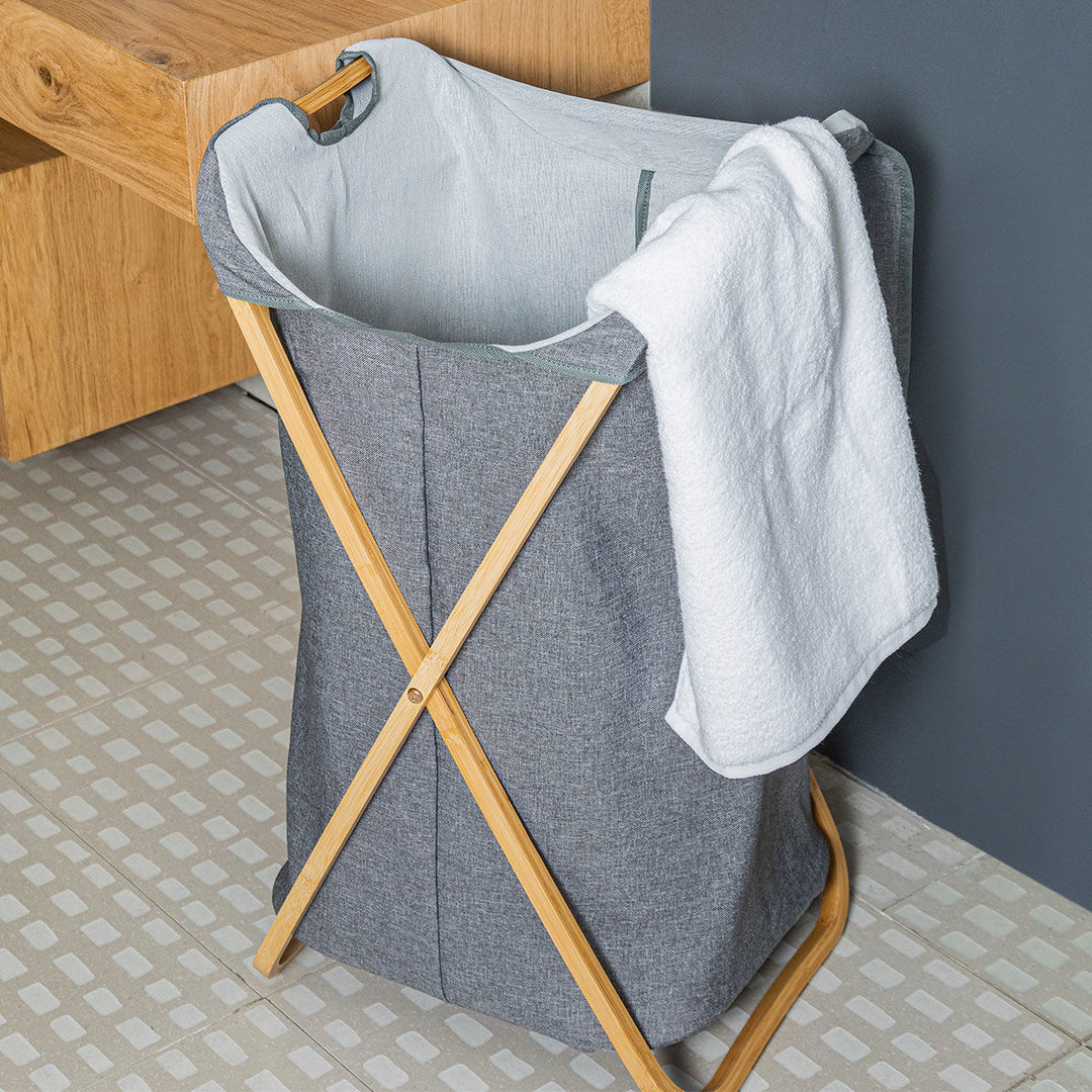 Καλάθι Απλύτων Πτυσσόμενο Γκρι Με Υφασμάτινη Θήκη 40x40x70cm Bamboo Essentials Estia