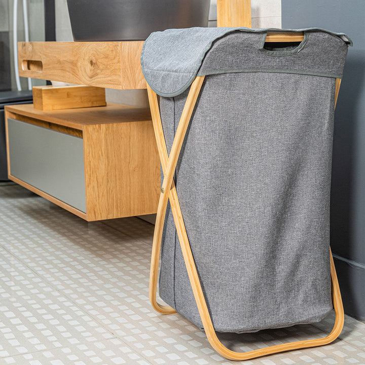 Καλάθι Απλύτων Πτυσσόμενο Γκρι Με Υφασμάτινη Θήκη 40x40x70cm Bamboo Essentials Estia