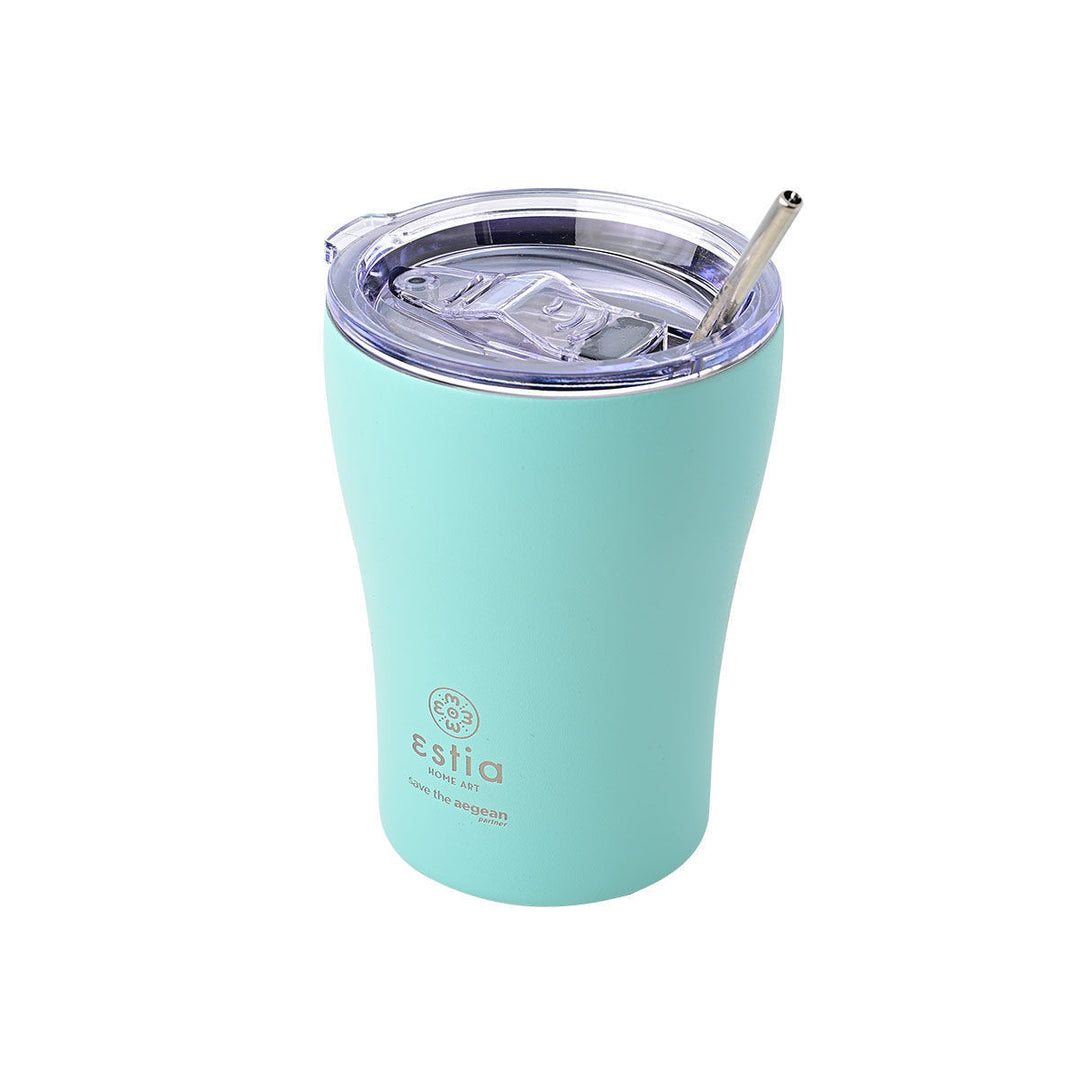 Θερμός κούπα καφέ Estia Home Art Save the Aegean 350ml σε τιρκουάζ χρώμα με μεταλλικό καλαμάκι και διάφανο καπάκι σε ουδέτερο φόντο.