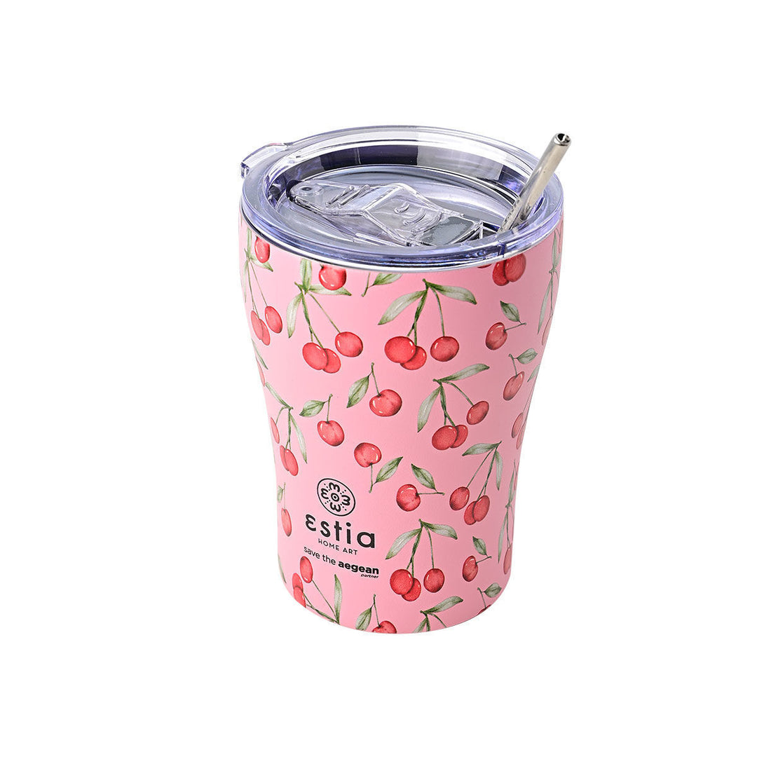 Estia Ποτήρι Θερμός  Save The Aegean 350ml Ροζ Με Κεράσια Cherry Rose Coffee Mug