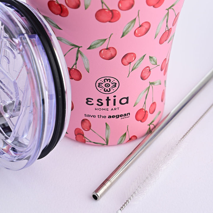 Estia Ποτήρι Θερμός  Save The Aegean 350ml Ροζ Με Κεράσια Cherry Rose Coffee Mug