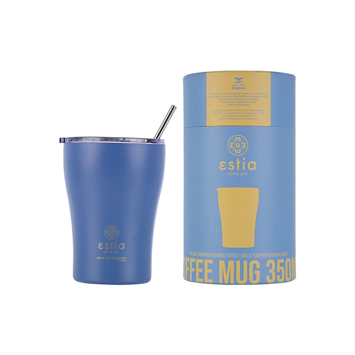Σετ Estia Home Art θερμός κούπα Save the Aegean 350ml denim blue με κυλινδρική συσκευασία μπλε-κίτρινο σε ουδέτερο φόντο