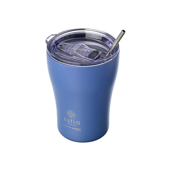 Θερμός κούπα Estia Home Art Save the Aegean 350ml denim blue με διάφανο καπάκι και ανοξείδωτο καλαμάκι σε ουδέτερο φόντο