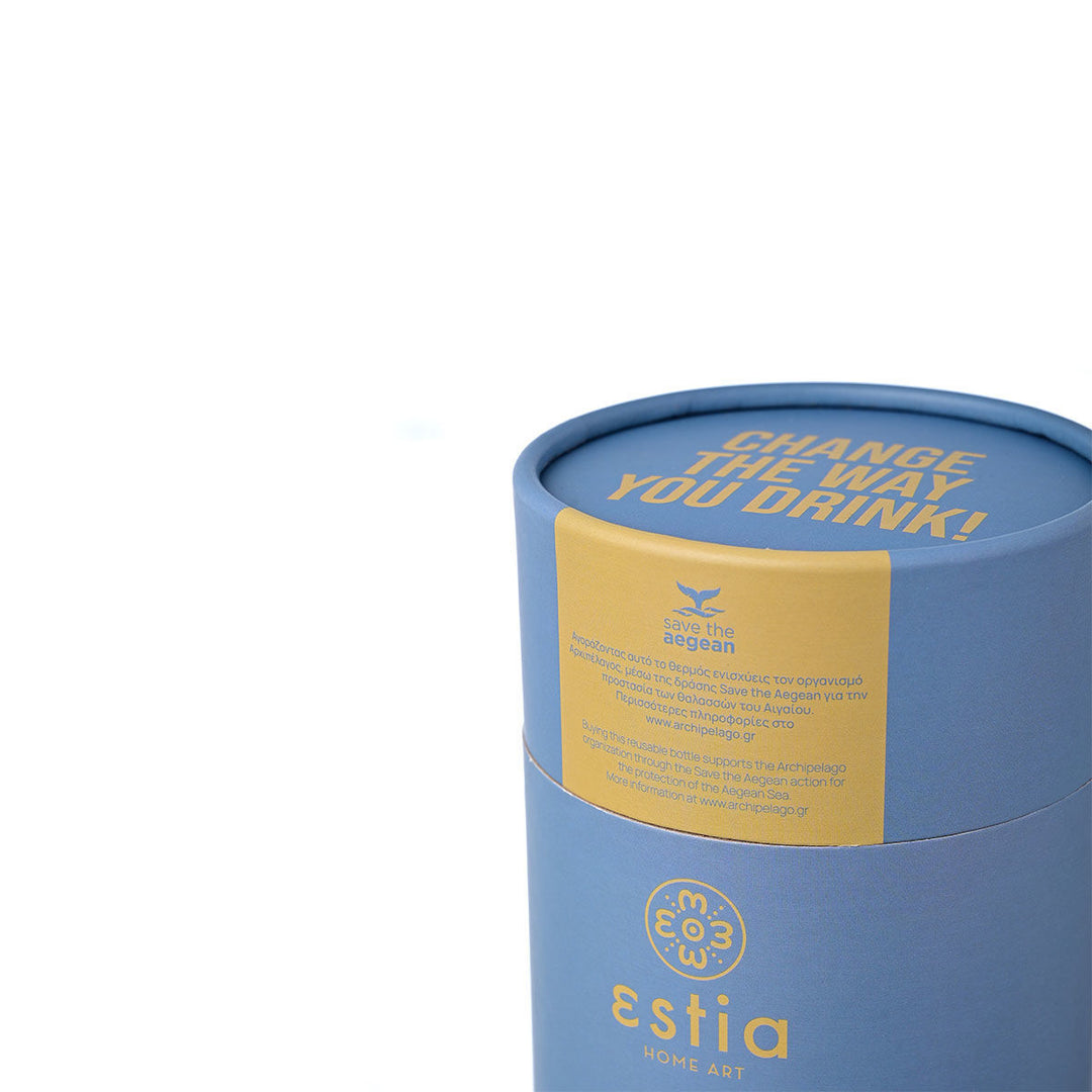 Συσκευασία Estia Home Art Save the Aegean 350ml μπλε και κίτρινο σε ουδέτερο φόντο