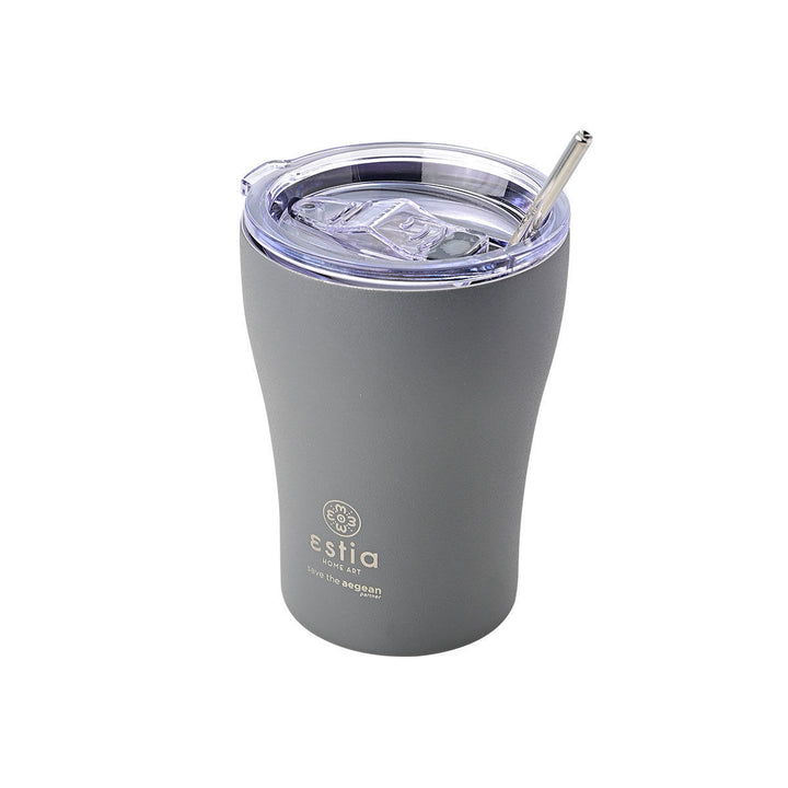 Θερμός κούπα καφέ Estia Home Art Save the Aegean 350ml σε fjord grey χρώμα με διάφανο καπάκι και ανοξείδωτο καλαμάκι
